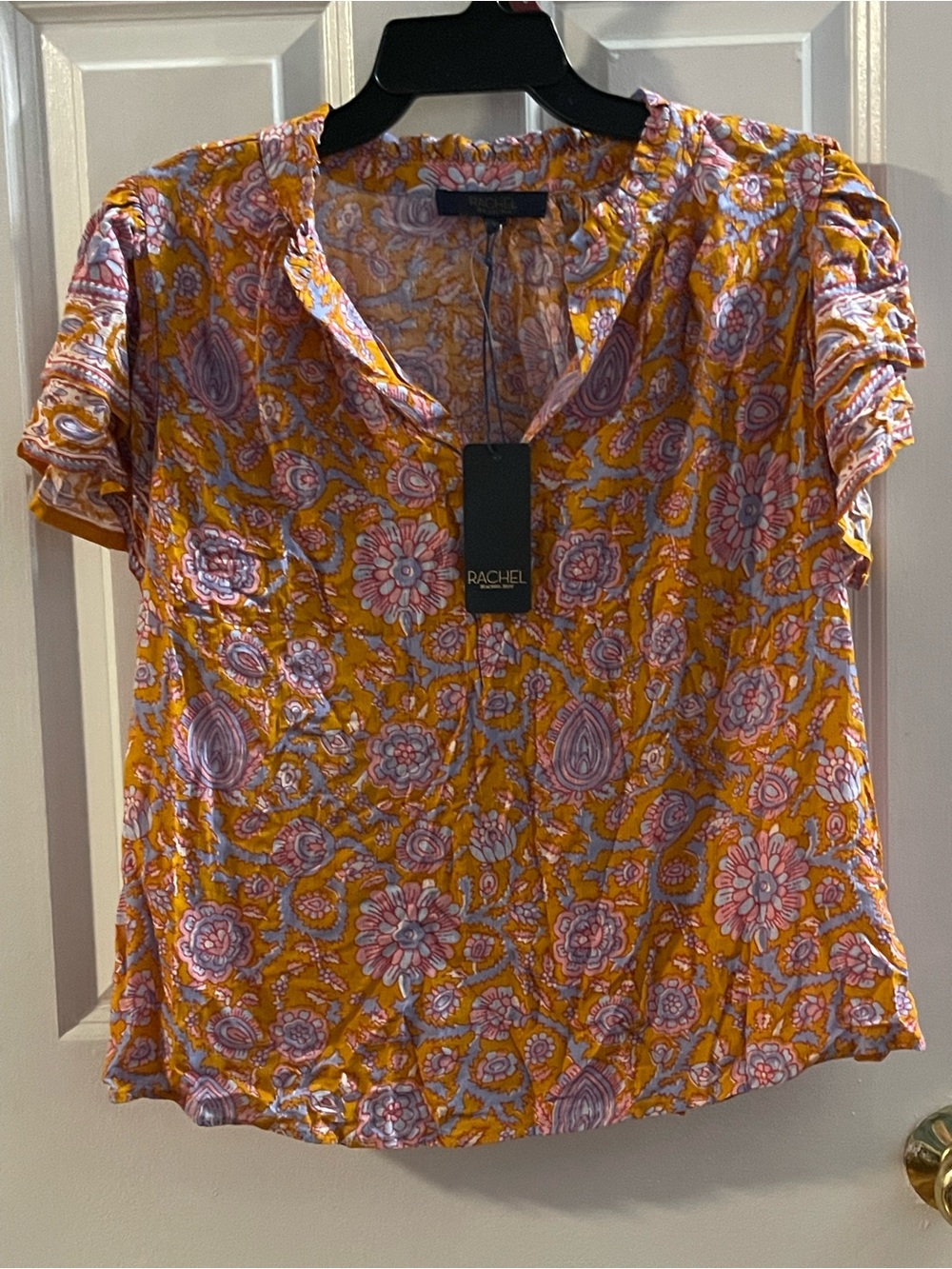 RACHEL Rachel Roy Mustard and Pink Floral V-Neck Blouse